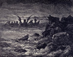 Il profeta Daniele vede apparire mostri: Haniel, Kafziel, Azriel, Aniel. Incisione dalla Bibbia illustrata da Gustave Doré. XIX secolo da Gustave Dore