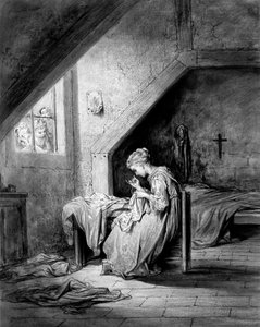 Il canto della camicia di Thomas Hood ed. Moxon - Una povera sarta che cuce una camicia in una camera da letto, un crocifisso appeso sopra il letto. illustrazione di Gustave Doré intorno al 1870 da Gustave Dore