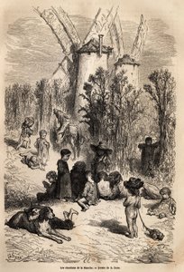I cardi del Canale, ai piedi dei mulini cari a Don Chisciotte, con la rappresentazione di un levriero, una razza di cane molto frequente nella regione (la figura del galgo corredor sempre affamato in Don Chisciotte) e una folla di bambini mendicanti, veri  da Gustave Dore