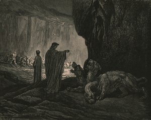 Poi la mia guida, espandendo i palmi sul terreno, c1890 da Gustave Dore