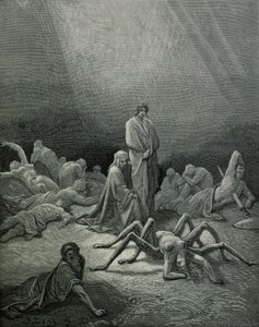 Virgilio (70-19 a.C.) e Dante che guardano la donna ragno, illustrazione da 