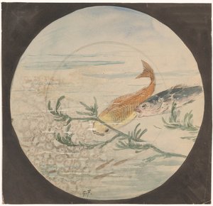 Progetto per un piatto con un pesce giallo e uno blu che nuotano verso il basso da Gustave Fraipont (signed by artist)