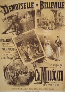 Poster per La Demoiselle de Belleville, opera comica, libretto di Charles Nuitter e Alexandre Beaumont, musica di Karl Millocker, Disegno di Gustave Fraipont, Tellier publishing, Parigi