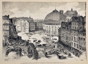 La nuova Rue du Louvre e la Halle au Blé a Parigi nel 1887. Illustrazione di Gustave Fraipont (1849 - 1923). Incisione del 1887 in 