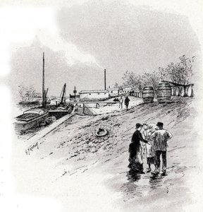Vista delle rive della Senna e del quai Saint-Bernard, Parigi. Disegno di Gustave Fraipont (1849-1923) tratto da 