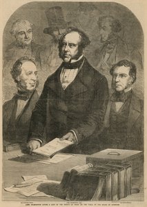 Lord Palmerston che depone una copia del Trattato di Pace sul tavolo della Camera dei Comuni da Gustave Janet