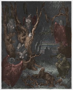 Inferno, Canto 13: Le arpie nella foresta dei suicidi, illustrazione dalla Divina Commedia di Dante Alighieri, 1885 da Gustave after Dore