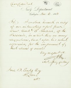 Lettera firmata G.V. Fox, Dipartimento della Marina, Washington, a Jas. B. Eads [James B. Eads], St. Louis, Mo., 2 novembre 1863 da Gustavus Vasa Fox