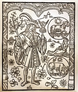 Calendario del pastore - I lavori dei mesi - Aprile - Xilografia dal libro del 1496 stampato da Guy Marchant (Guido Mercator) a Troyes - Incisione su legno in 