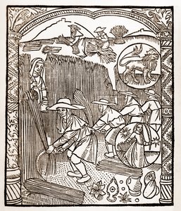 Calendario del pastore - I lavori dei mesi - Agosto - Xilografia dal libro del 1496 stampato da Guy Marchant (Guido Mercator) a Troyes - Incisione su legno in 