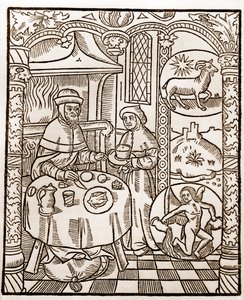 Calendario del pastore - I lavori dei mesi - Gennaio - Xilografia dal libro del 1496 stampato da Guy Marchant a Troyes da Guy Marchant