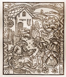 Calendario del pastore - I lavori dei mesi - Giugno - Xilografia dal libro del 1496 stampato da Guy Marchant (Guido Mercator) a Troyes - Incisione su legno in 
