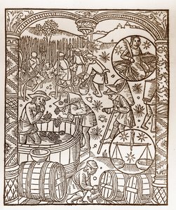 Calendario del pastore - I lavori dei mesi - Ottobre - Xilografia dal libro del 1496 stampato da Guy Marchant (Guido Mercator) a Troyes - Incisione su legno in 