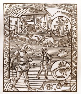 Calendario del pastore - I lavori dei mesi - Settembre - Xilografia dal libro del 1496 stampato da Guy Marchant (Guido Mercator) a Troyes - In primo piano, contadini che seminano a spaglio - Xilografia in 