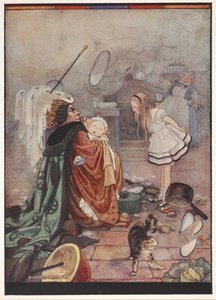 Una scena caotica in cucina con la Duchessa che porta un maiale vestito da bambino parlando con Alice mentre il Cuoco lancia utensili da Gwynedd M. Hudson