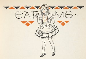 Illustrazione di Alice con una piccola torta con la scritta 