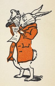 Illustrazione del Coniglio Bianco in una giacca rossa che suona una grande campana e legge