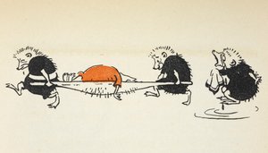 Illustrazione di due ricci che trasportano un giocatore di croquet ferito seguiti da un altro riccio piangente
