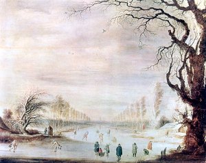 Paesaggio invernale con pattinatori sul ghiaccio