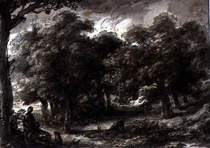 Paesaggio boscoso, con figure