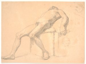 Studio di modello maschile nudo, reclinato. A destra due teste di ritratto, una forse Constantin Hansen da H.W. Bissen