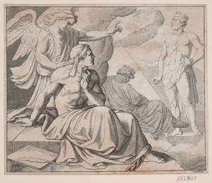 Foglio allegorico. Un angelo mette la mano sulla spalla di un uomo e indica una statua da H. C. Henneberg