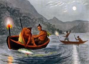 Nativi americani che pescano con la torcia in Nord America, 1813 da H Merke