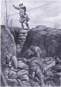 Il Soldato Brown (Gordon Highlander) bombarda il nemico in una trincea tedesca dalla cima di una barricata da H. Ripperger