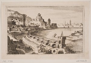 Riva del fiume con città orientale da H. Rosenkilde