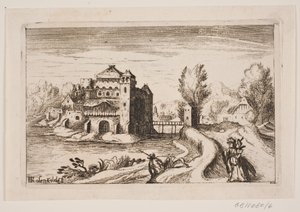 Paesaggio fluviale con castello su una collina