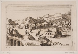 Paesaggio costiero coperto di rame con edifici orientali da H. Rosenkilde
