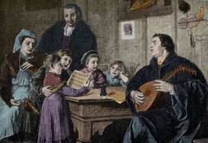 Martin Lutero (1483-1546) in mezzo alla sua famiglia (incisione dopo H Stelzner)