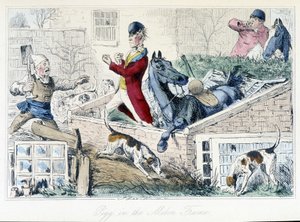 Lotta tra un contadino e un cacciatore. Caricatura inglese sulla caccia alla volpe dalle "avventure di Thomas Scott o Hawbuck Grange", illustrazione di H.K. Browne e W.T. Maud da Hablot Knight Browne