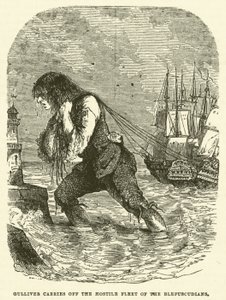 Gulliver porta via la flotta ostile dei Blefuscudiani (incisione)