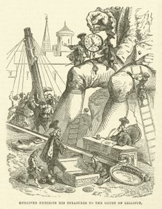 Gulliver mostra i suoi tesori alla corte di Lilliput