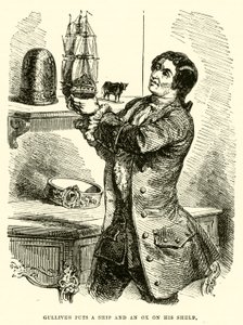 Gulliver mette una nave e un bue sul suo scaffale (incisione) da after Hablot Knight Browne