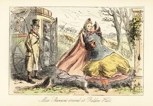 Signore in crinoline che si abbracciano davanti a un cancello da after Hablot Knight Browne