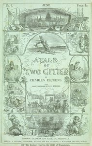 Pagina del titolo della prima parte della prima edizione in parti serializzate del libro "A Tale of Two Cities" di Charles Dickens
