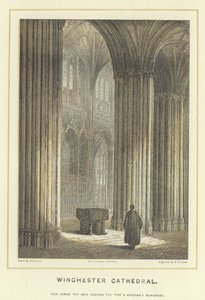 Cattedrale di Winchester, vista attraverso la navata che mostra la facciata e il Monumento di Wykeham da Hablot Knight Browne