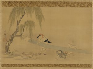 Donna che stende il panno ad asciugare, due bambini che giocano, periodo Edo, fine XVII-inizio XVIII secolo da Hanabusa Itcho