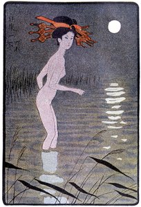 Giovane giapponese che si bagna in uno stagno al chiaro di luna - in "Bambola giapponese" di Félicien Champsaur, ill. Hanafusa Itcho, Parigi