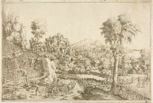 Paesaggio con vigneto, al centro un carro carico di pali