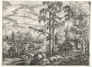 Paesaggio con la città su un fiume e il cottage tra gli alberi, 1551