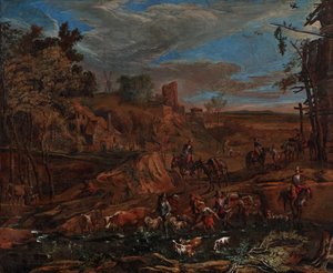 Paesaggio autunnale con guado e mandria