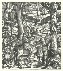 Massimiliano I, Re dei Romani, che riceve un messaggio durante una caccia (incisione) da Hans (after) Burgkmair