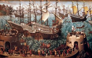 Imbarco di Enrico VIII (1491-1547) a Dover sul galeone Henri Grace a Dieu in occasione del trattato firmato con Francesco I (il Campo del Drappo d