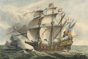 La Grande Harry, la prima nave da guerra che trasportava cannoni, costruita a Woolwich durante il regno di Enrico VIII da Hans (after) Holbein the Younger