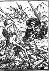 La falsa morte di Hans Holbein il Giovane: il soldato. Un soldato combatte la Morte; ai loro piedi giacciono i corpi di altri guerrieri. Incisione da Hans (after) Holbein the Younger