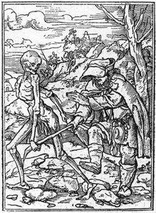 Le simulazioni della morte di Hans Holbein il Giovane (1497-1543): il cieco. La morte afferra il bastone del cieco e funge da guida. Incisione