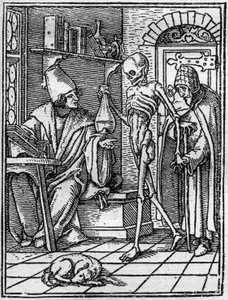 Le simulazioni della morte di Hans Holbein il Giovane: il dottore. La Morte si interpone tra il dottore e il suo paziente. Incisione da Hans (after) Holbein the Younger